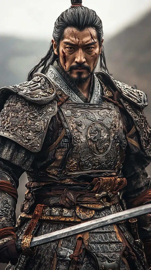 A stern-faced warrior, his dark hair pulled back in a topknot, dominates the image.  He's clad in intricately detailed, ornate armor; a silver breastplate and shoulder guards, heavily embossed with swirling patterns and mythical creatures.  Brown leather straps and belts accentuate the metallic hues.  Scars mar his face, adding to his battle-hardened appearance. He holds a long sword, its blade partially obscuring his lower body, creating a powerful and imposing presence. The background is blurred, focusing attention entirely on the warrior's intense gaze.