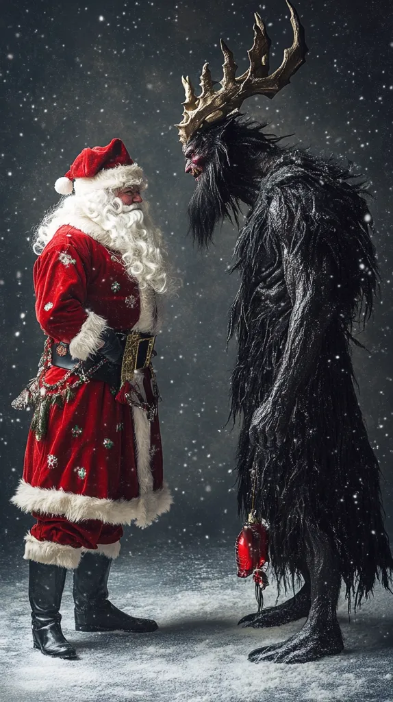 A dramatic image depicts Santa Claus, in a traditional red suit, facing a monstrous, dark creature with large antlers.  The creature appears demonic, its fur dark and shaggy.  Snow falls around them, creating a stark contrast between the festive Santa and the sinister figure. The scene suggests a confrontation or uneasy truce between the benevolent spirit of Christmas and something far more malevolent.  A single red Christmas ornament hangs from the creature's hand.