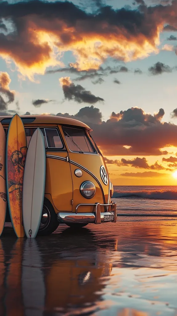 Here's a description of the image:

A vibrant sunset bathes a beach scene in warm, golden light.  A classic yellow Volkswagen bus, reminiscent of a vintage campervan, sits parked on the wet sand, three surfboards leaning against its side. The sky is a dramatic mix of fiery orange, deep reds, and dark clouds, creating a stunning backdrop. The ocean waves gently lap the shore, reflecting the colors of the sky and creating a tranquil atmosphere. The overall scene evokes a feeling of freedom, adventure, and the classic California beach culture.