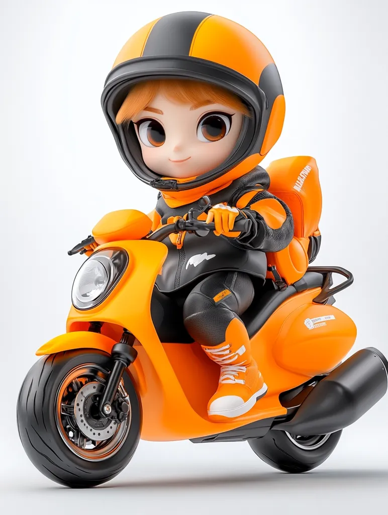 Here's a description of the image:

A charming 3D rendering depicts a cute, chibi-style female character riding a bright orange scooter.  She's wearing an orange and black helmet, matching racing suit, and white boots. The scooter is similarly colored, with black accents.  A small orange delivery bag is strapped to the back. The overall style is playful and cartoonish, possibly representing a delivery service or video game character. The background is a simple, light gray, focusing attention on the subject.