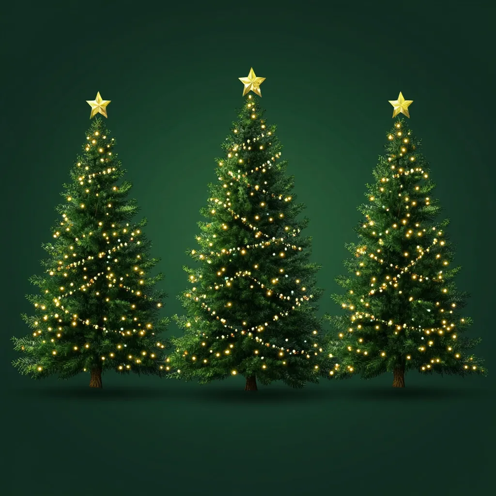Here's a description of the image:

Three identical Christmas trees stand in a row against a deep green background. Each tree is adorned with warm-toned fairy lights woven through its branches, and topped with a gold star. The trees are full and lush, creating a symmetrical and festive scene. The dark background accentuates the bright lights and the trees' rich green color, evoking a sense of holiday cheer and elegance. The image is digitally rendered, with a smooth, polished look.