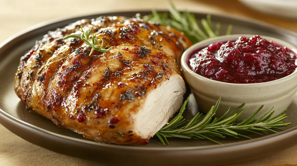 A delicious-looking grilled turkey breast is presented on a dark brown plate.  The turkey is glistening, showing grill marks and a slightly browned exterior.  A sprig of rosemary rests atop the meat.  Alongside, a small bowl holds a vibrant, dark red cranberry sauce.  More rosemary sprigs are artfully placed around the dish, enhancing the presentation. The overall setting suggests a festive or celebratory meal.