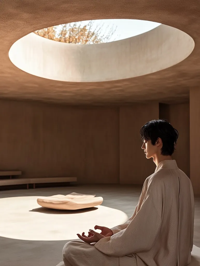 A young person, dressed in a light beige robe, sits in a meditative pose within a minimalist, earth-toned room.  Soft, natural light streams in from a large, circular skylight in the ceiling. The serene atmosphere is enhanced by the simple, sculpted forms of the room's architecture and a low, organic-shaped platform in the foreground. The overall feeling is one of peace and tranquility.