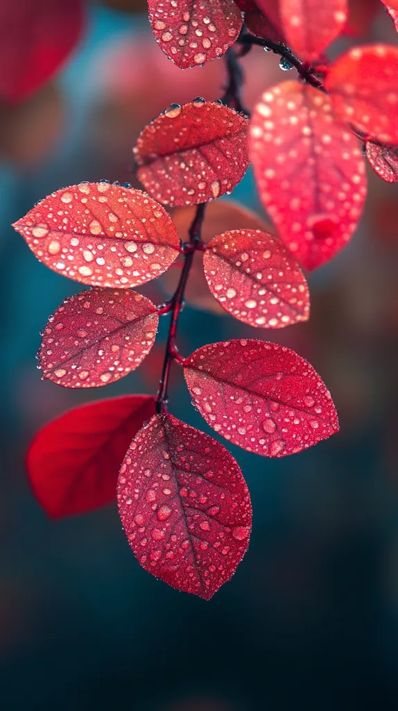 Here's a description of the image:

Close-up view of a branch adorned with vibrant red leaves, each glistening with numerous water droplets. The leaves are ovate with smooth edges, showcasing a rich, deep red hue. The water droplets are translucent, catching and reflecting the light, creating a sparkling effect. The background is blurred, a dark teal that provides a stark contrast to the bright red leaves, drawing focus to their intricate detail. The overall impression is one of autumnal beauty, emphasizing the delicate texture and rich color of the leaves.