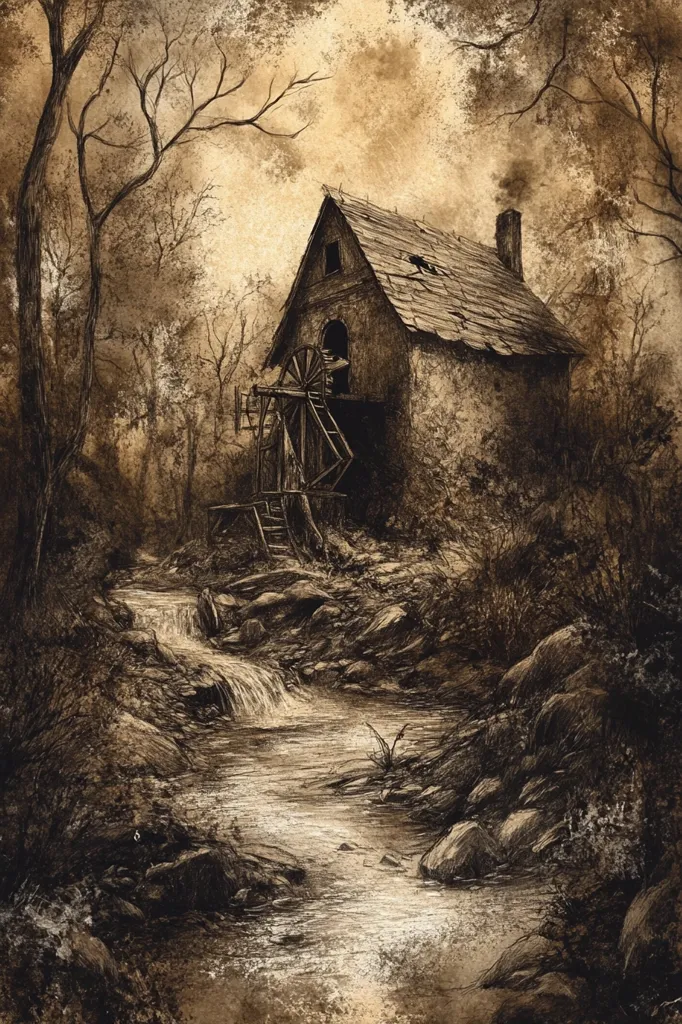 A sepia-toned drawing depicts a dilapidated watermill nestled in a secluded woodland.  The mill, with its weathered stone walls and damaged roof, sits beside a rocky stream cascading down a small waterfall.  Bare, wintery trees surround the mill, creating a somber and somewhat melancholic atmosphere. The overall style suggests age and decay, with a focus on texture and shading to highlight the scene's solitude.  The image evokes a sense of mystery and quiet isolation.