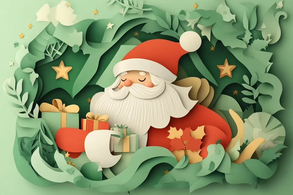 A cheerful Santa Claus, depicted in a paper-cut style, is nestled within a vibrant green foliage. He holds several festively wrapped presents, his expression serene and content.  The detailed, layered paper design creates a three-dimensional effect, with stars and stylized flora enhancing the Christmas scene.  The overall aesthetic is whimsical and joyful, perfect for a holiday card or illustration.