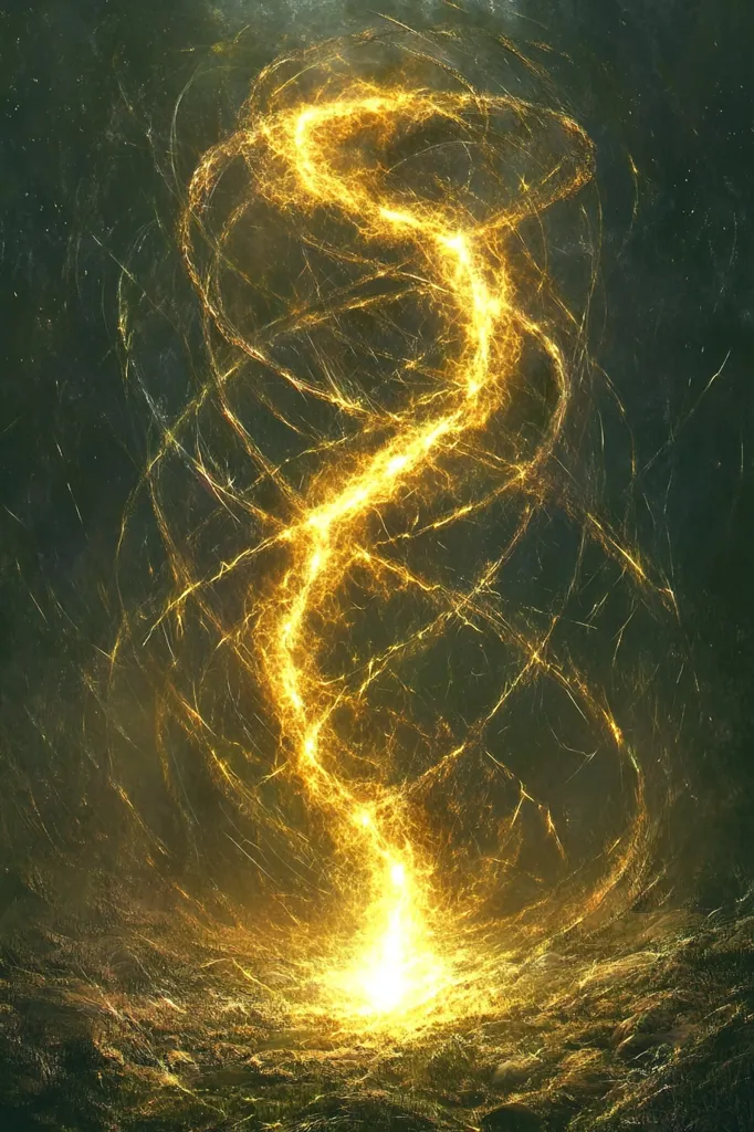 The image depicts a swirling, luminous golden energy emanating from the ground.  It resembles a stylized lightning bolt or magical energy stream, spiraling upwards into a dark, textured sky.  The energy is intensely bright at its base, gradually fading as it ascends.  The surrounding environment appears dark and earthy, contrasting sharply with the vibrant golden energy at its center.  The overall impression is one of mystical power and otherworldly energy.