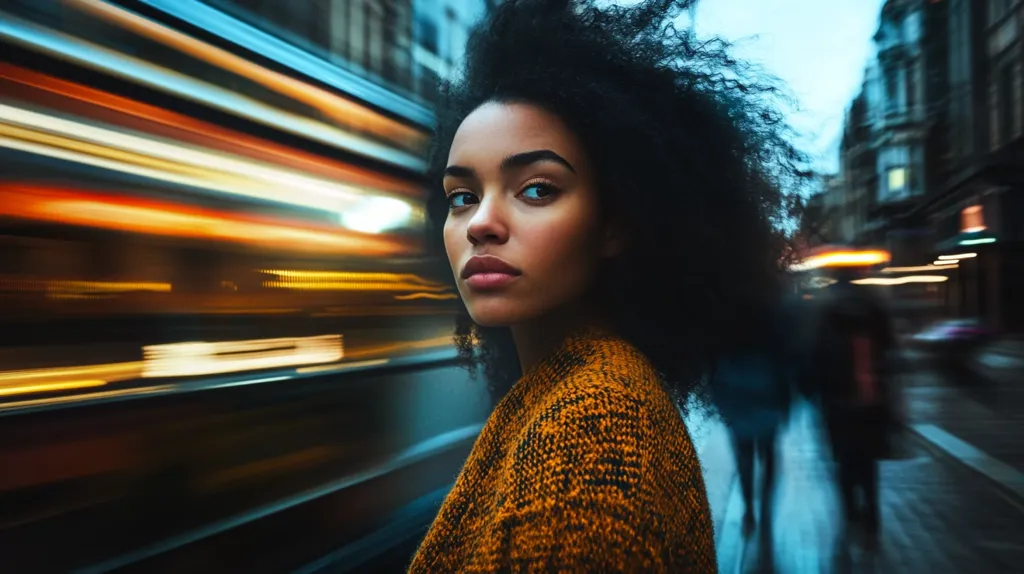 Here's a description of the image:

A young woman with a voluminous afro,  dressed in a mustard-colored knitted sweater, stands out against a backdrop of motion blur.  The blurred background suggests a bustling city street at night, with the streaks of light from passing vehicles creating a dynamic sense of movement. The woman's expression is serious, her gaze directed toward the viewer, creating a contrast between her stillness and the surrounding energy. The overall mood is one of urban dynamism and quiet contemplation.