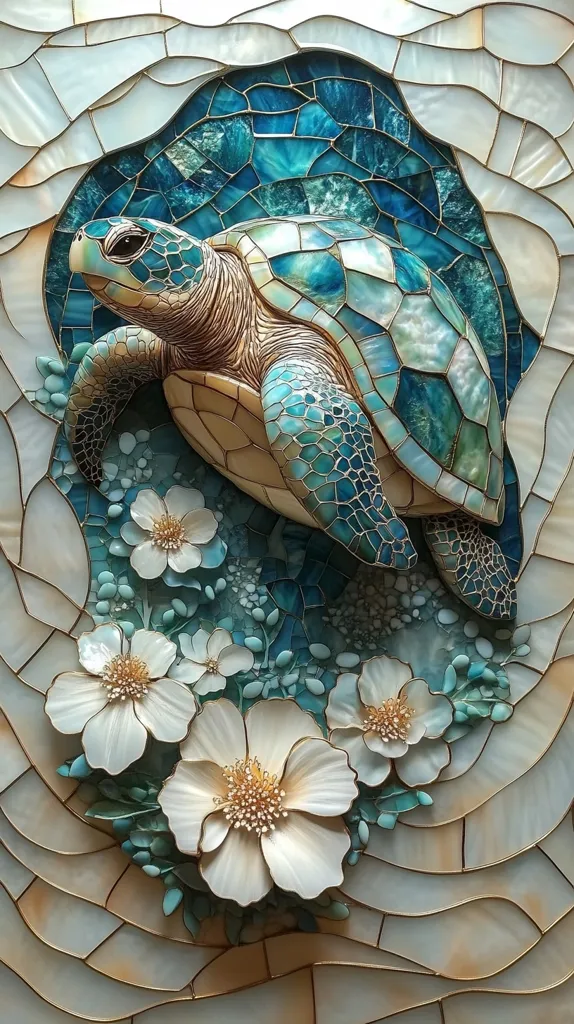 A stunning mosaic artwork depicts a sea turtle gracefully nestled amidst delicate, white flowers. The turtle's shell and the ocean's wave are rendered in a vibrant teal and blue mosaic, contrasted by the creamy white flowers.  Gold outlining adds detail and dimension. The piece's texture is richly detailed, creating a three-dimensional effect within the mosaic's flat plane, and evokes a serene underwater scene.