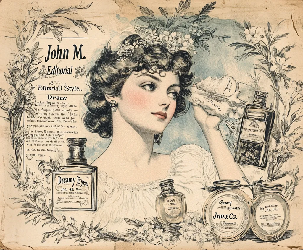 This vintage advertisement features a beautifully rendered illustration of a woman with dark, curly hair adorned with flowers.  She holds a seashell to her ear, gazing dreamily. The image promotes various beauty products by Jno. & Co., including "Dreamy Eyes" and "Creamy," displayed alongside ornate bottles and text emphasizing an "Editorial Style." The overall aesthetic is elegant and reminiscent of late 19th or early 20th-century advertising.  Floral details and a sepia-toned palette enhance the antique charm.