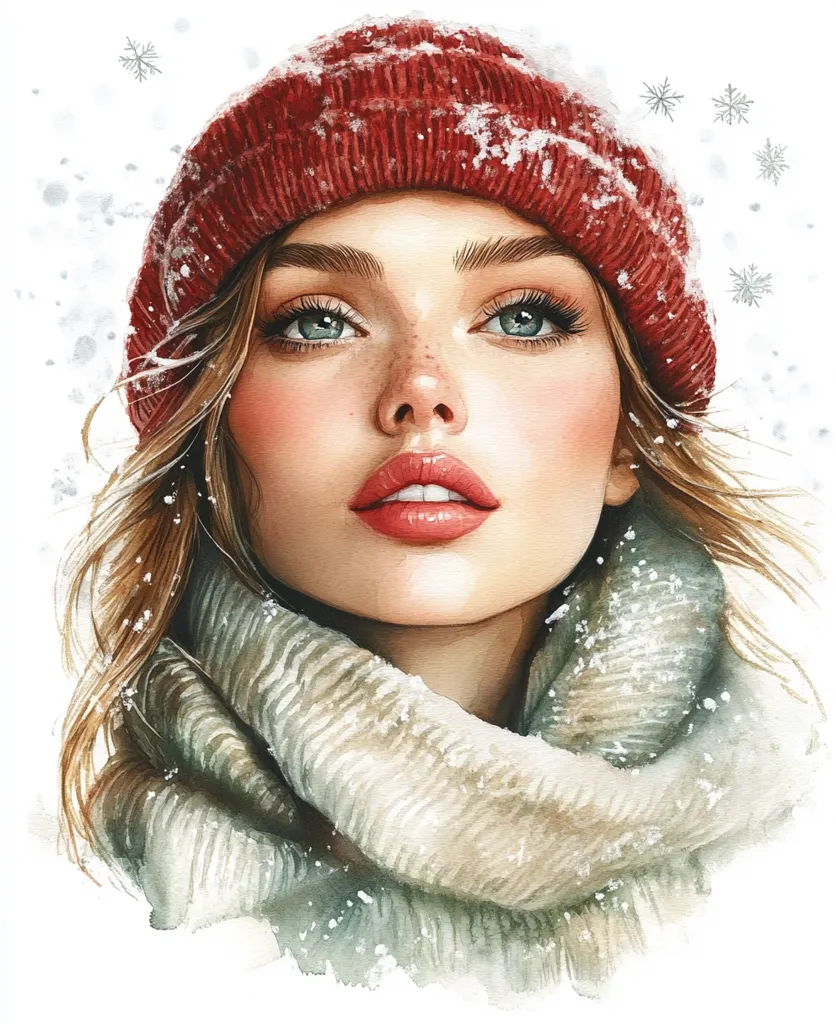Here's a description of the image:

A watercolor painting depicts a young woman's face and shoulders, beautifully rendered with realistic detail.  She wears a warm red knit beanie dusted with snow and a voluminous, light beige scarf that wraps around her neck.  Her blonde hair flows loosely around her face, also sprinkled with snow.  Her eyes are striking, large and expressive, and she has a soft, rosy complexion.  The overall effect is one of serene beauty, capturing the essence of a winter scene.  Snowflakes gently fall around her, adding to the wintry atmosphere.