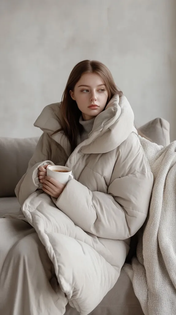 A young woman with long brown hair sits on a beige couch, wrapped in an oversized, light beige puffer jacket.  The jacket is voluminous and features a large, fluffy collar. She holds a small, white mug, possibly containing a warm beverage.  A soft, knitted throw blanket rests on the couch beside her, adding to the cozy and tranquil atmosphere of the image. The background is a muted, textured wall.  The overall aesthetic is calm and serene.