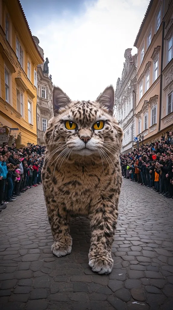 Here's a description of the image:

A digitally enhanced image shows a large, imposing cat, resembling a leopard or lynx, walking down a cobblestone street between two rows of onlookers. The cat's fur is a mottled brown and tan, and its eyes are a striking, intense yellow.  The street is lined with old, European-style buildings, suggesting a historical setting. The crowd of people watching the cat is relatively small, but it adds to the sense of scale and the cat's dominance of the scene. The overall mood is one of awe and perhaps slight unease, due to the unusual size and presence of the feline.