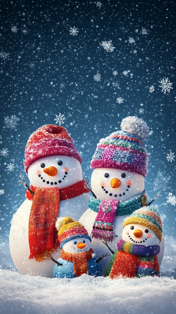 A charming family of snowmen, nestled in a snowy landscape under a falling snow.  The largest snowman wears a vibrant red scarf and hat, while his wife sports a colorful knit cap and scarf. Their two smaller children, also adorned in knitted hats and scarves, complete the adorable scene.  The background is a deep blue winter sky dusted with snowflakes, creating a magical, festive atmosphere.