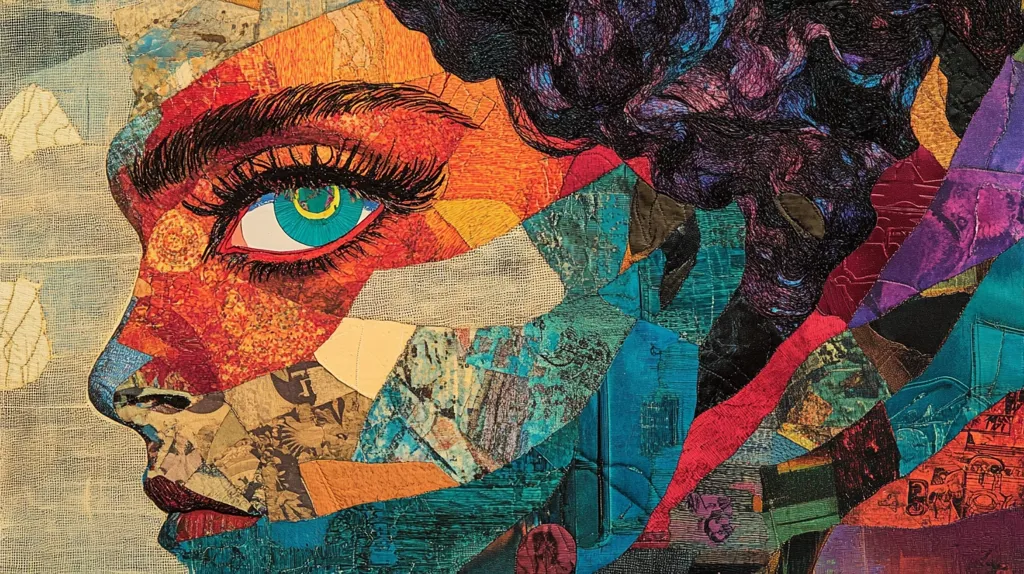 A vibrant, abstract portrait, crafted through textile collage, dominates the image.  The focal point is a woman's profile, her eye strikingly detailed with embroidered lashes and a teal iris.  The face is a patchwork of rich oranges, reds, and browns, juxtaposed with textured blues and purples in the hair and background.  Smaller collaged images and fabrics build depth and complexity, creating a multifaceted and layered effect. The overall style is bold and expressive, suggesting a blend of realism and abstract expressionism.