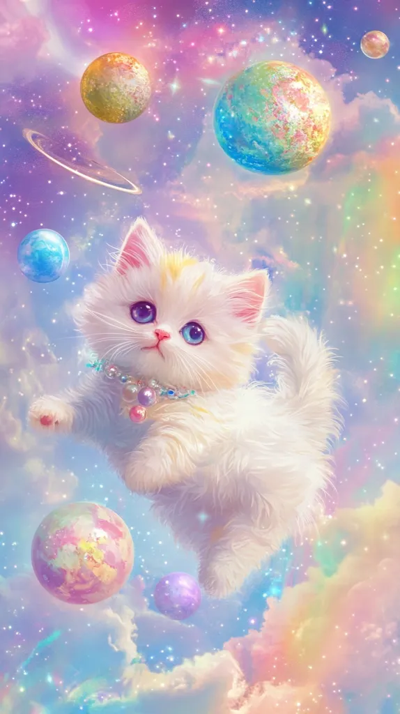 A fluffy white kitten with bright blue eyes floats amidst a pastel-colored galaxy.  Surrounding the kitten are several small, iridescent planets and a ring of light. The kitten wears a delicate pearl necklace, adding to its ethereal and whimsical appearance. The overall style is dreamy and fantastical, with soft, diffused light and a focus on gentle colors. The image evokes a sense of wonder and childlike innocence.