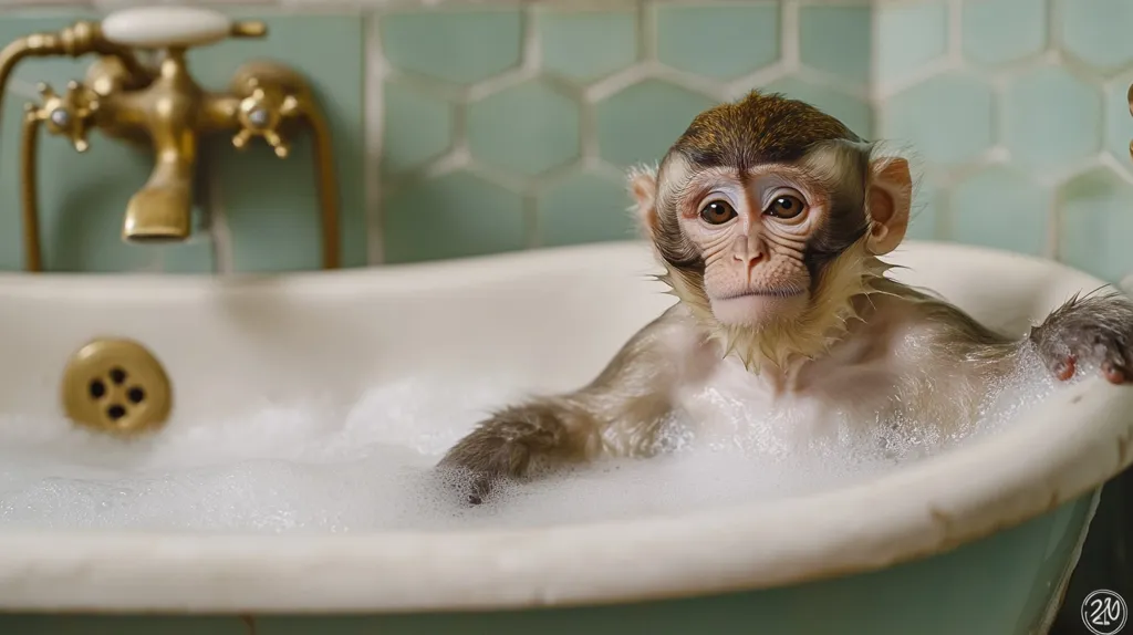 A young monkey sits in a bubbly bath, its expression a mixture of curiosity and apprehension.  The monkey is mostly submerged in soapy water, only its head and shoulders visible above the foam.  It is in a vintage-style white bathtub, against a backdrop of pale green hexagonal tiles and an antique gold faucet. The scene is charming and somewhat humorous, capturing an unexpected moment of primate pampering.
