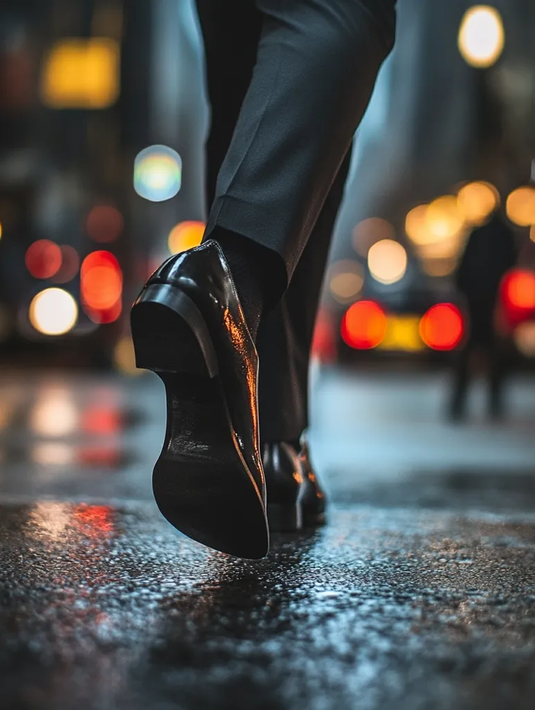 Here's a description of the image:

Close-up view of a person's legs and feet, clad in dark-colored suit pants and polished black leather shoes, walking on a wet, reflective city street at night. The focus is sharply on the shoe in the foreground, emphasizing its sleek design and the wet pavement reflecting blurred city lights.  The background is out of focus, displaying a bokeh effect of colorful lights from cars and buildings, suggesting a bustling urban environment.  The overall mood is one of stylish movement and nocturnal ambiance.