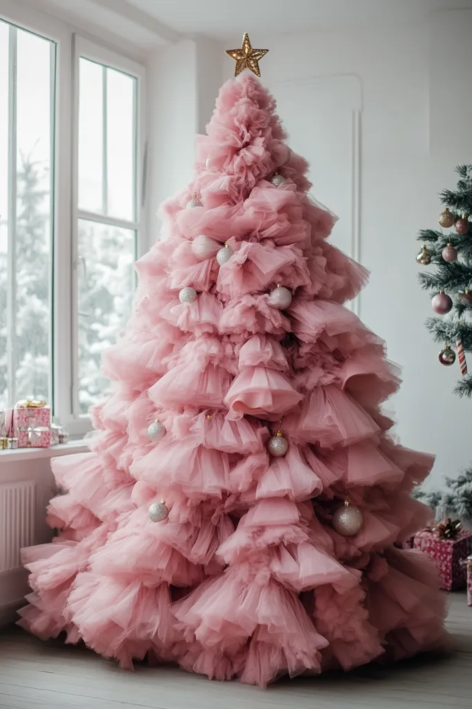 A magnificent pink tulle Christmas tree stands elegantly in a bright room near a window.  The tree is adorned with delicate, shimmering silver ornaments and topped with a gold star.  Soft light illuminates the fluffy layers of tulle, creating a dreamy, feminine aesthetic.  Gift boxes rest on the windowsill, completing the festive scene.  A partially visible traditional Christmas tree stands in the background providing contrast.