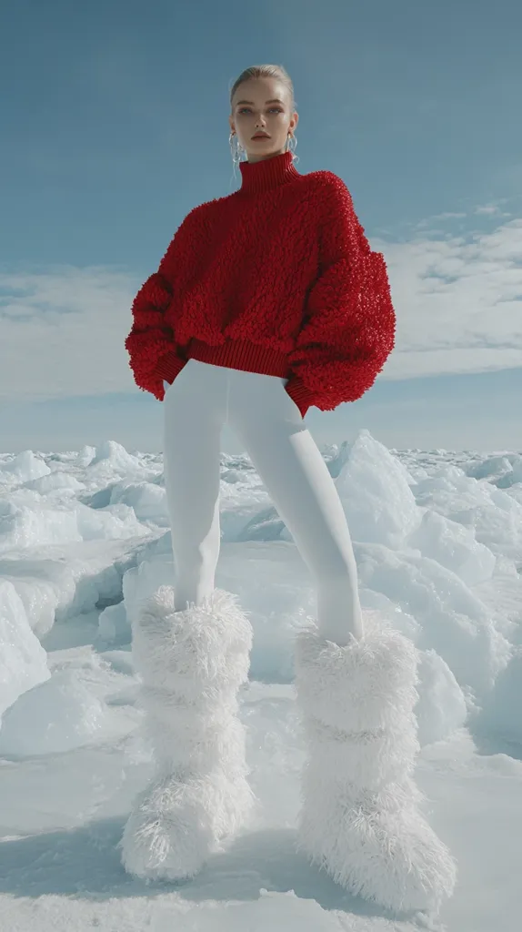 A fashion model, striking a pose on a frozen, icy landscape, is the focal point of this image. She wears a vibrant red, textured turtleneck sweater and white, form-fitting leggings. Her footwear consists of large, fluffy, white snow boots that add a striking contrast to her outfit and the stark, icy background. The bright sky and the model's composed expression complete the scene, creating a striking visual of winter fashion.
