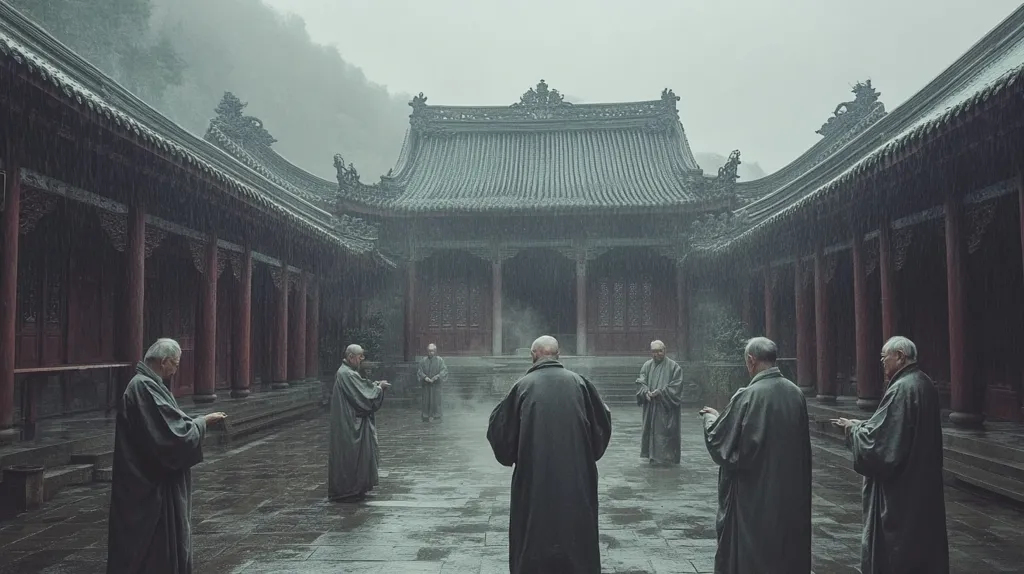 Eight Buddhist monks, dressed in simple grey robes, stand in a tranquil courtyard during a light rain.  The courtyard is enclosed by ancient, ornate Chinese buildings with red pillars and grey tiled roofs, set against a backdrop of misty mountains.  A central pavilion dominates the scene.  The atmosphere is serene and contemplative, reflecting a sense of peace and spiritual practice.