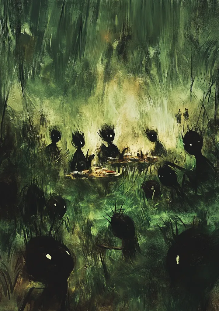 A dark, evocative painting depicts a gathering of shadowy, humanoid figures in a lush, overgrown setting. The figures, with pointed features and glowing white eyes, sit around a table, possibly partaking in a meal or ritual. The overall atmosphere is mysterious and slightly ominous, with a heavy emphasis on texture and the interplay of light and shadow.  The dark greens and muted yellows create a sense of depth and an otherworldly feel. The style is expressive and painterly, leaving details to the viewer's interpretation.