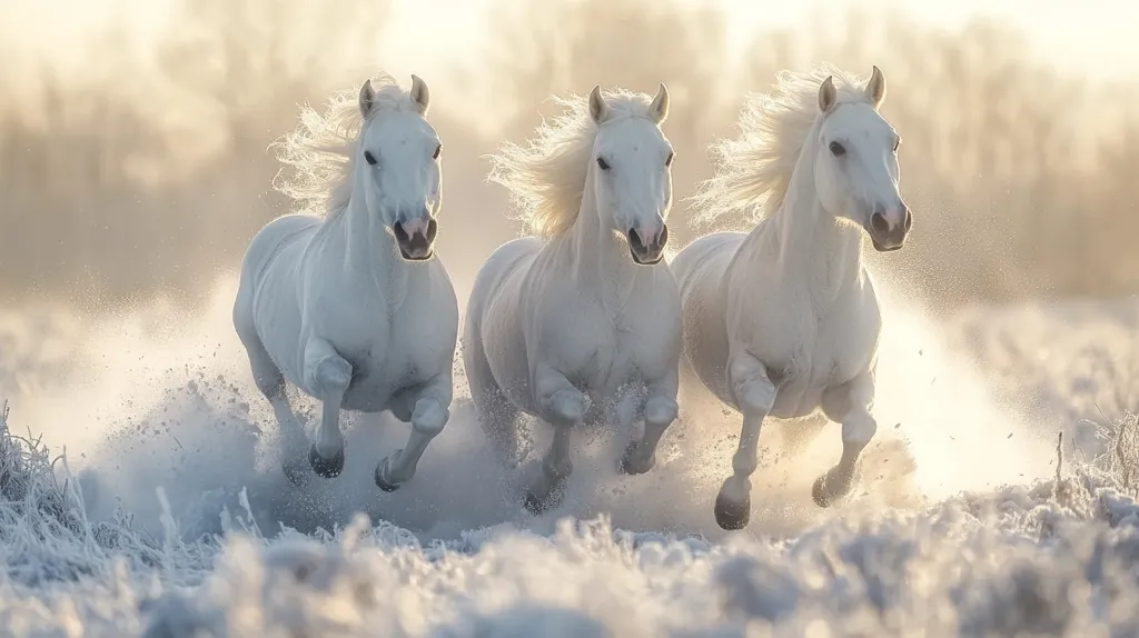Three majestic white horses gallop across a snowy field, their long manes and tails flowing in the wind.  The sun shines brightly, creating a hazy, ethereal glow around them and highlighting the snow spray kicked up by their powerful strides.  The scene is serene yet dynamic, capturing a moment of wild, untamed beauty in a winter wonderland.  The overall effect is one of grace and freedom.