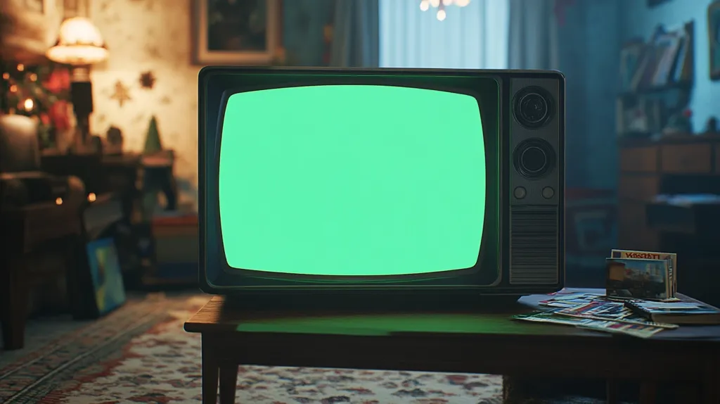 Here's a description of the image:

A vintage television with a vibrant green screen sits on a low wooden coffee table in a dimly lit, retro living room. The room features warm lighting from a table lamp and a Christmas tree in the background, suggesting a cozy, nostalgic atmosphere.  Surrounding the television are blurred but visible items including a stack of postcards or photographs. The overall style evokes a sense of nostalgia for a bygone era. The television is the clear focal point, its bright green screen contrasting with the darker surroundings.