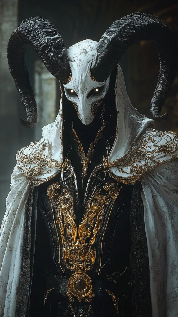 A digital rendering depicts a figure cloaked in a long, flowing white robe adorned with gold filigree. Underneath, a dark, ornate garment is visible. The figure wears a striking mask resembling a ram's skull, with large, curved horns and glowing eyes. The overall aesthetic is dark fantasy, with a blend of regal and demonic elements. The image's dark background and dramatic lighting enhance the mysterious and powerful aura of the figure.