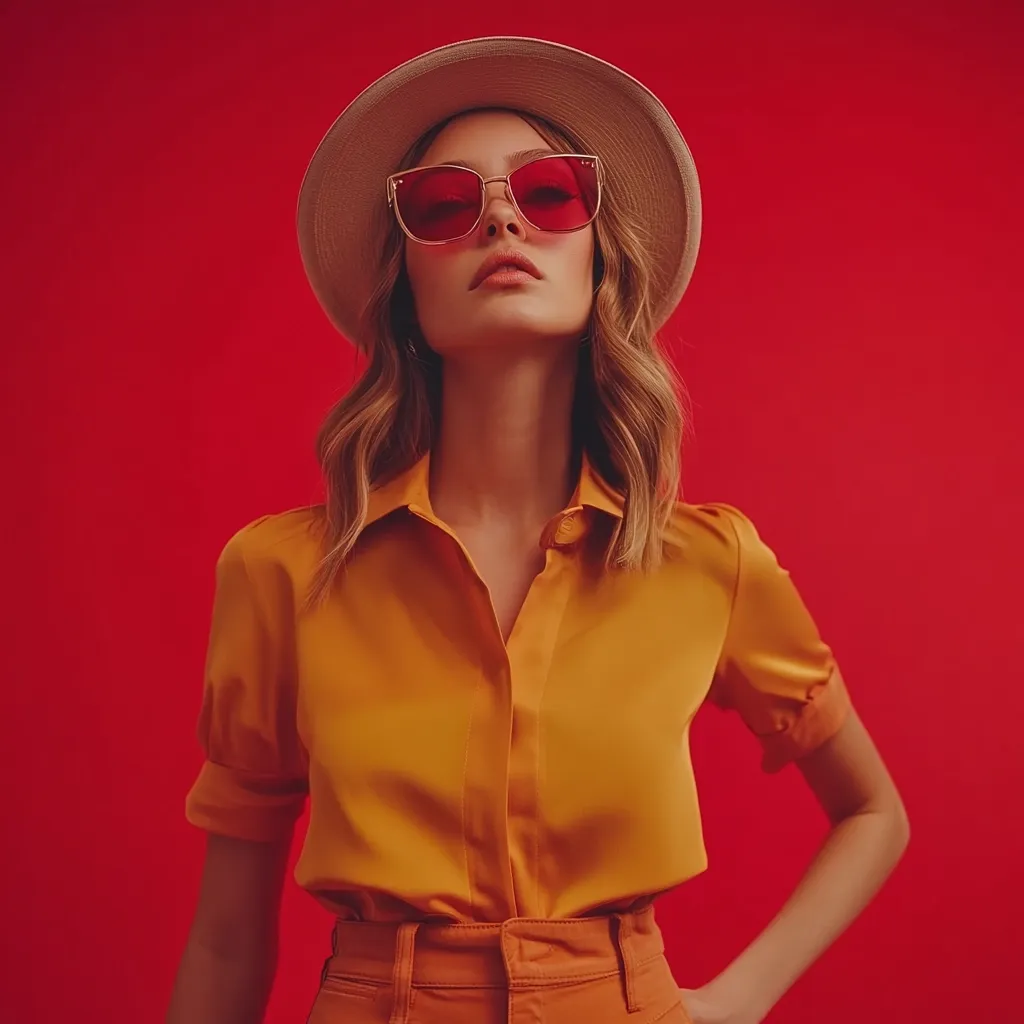 A fashion model, with shoulder-length wavy blonde hair, is captured in a studio shot against a vibrant red backdrop.  She sports a stylish mustard-yellow short-sleeved collared shirt and matching high-waisted pants.  A wide-brimmed straw hat and oversized pink-lensed sunglasses add to her chic ensemble.  Her posture is confident and direct, her gaze meeting the camera.  The overall aesthetic is bold and retro.