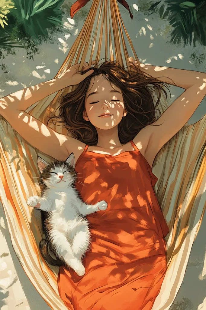 Here's a description of the image:

The illustration depicts a serene scene of a young woman peacefully sleeping in a hammock.  She's wearing a loose, orange sundress and has long brown hair that cascades around her.  A small, adorable kitten rests comfortably beside her, also asleep.  Sunlight filters through leaves overhead, casting dappled shadows on the woman and the hammock's fabric. The overall atmosphere is one of calm and tranquility, suggesting a relaxing summer day.