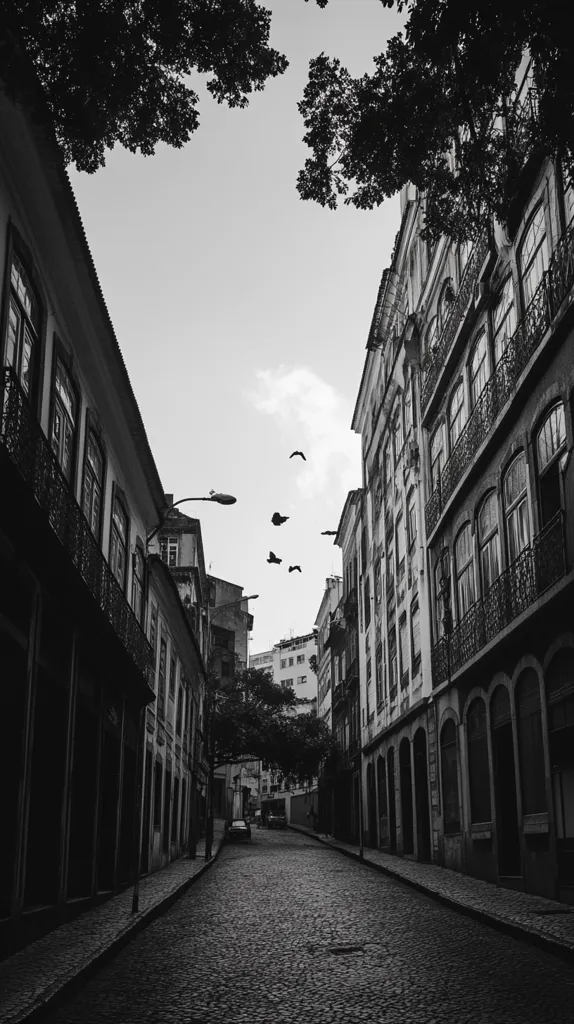 Here's a description of the image:

A monochrome photograph captures a narrow, cobblestone street nestled between aged buildings.  The architecture is European in style, characterized by multiple stories, balconies with intricate ironwork, and tall, narrow windows.  Overhanging trees frame the top of the image, casting a shadowed, almost secretive atmosphere.  Several birds are in flight, adding a sense of movement to the otherwise still scene.  The light suggests it may be daytime, but the overall tone is dark and moody, enhancing the historical feel of the location. The street stretches into the distance, inviting the viewer's gaze down its length.