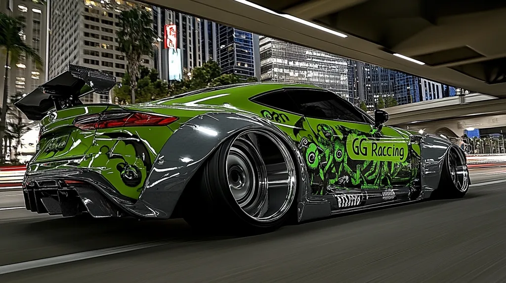 A modified green and grey sports car, bearing the "GG Racing" logo, speeds along a city road at night.  The car features a large rear wing, aggressive body kit, and custom wheels.  The lime green paint is contrasted by grey accents and a vibrant green and black graphic design along the side.  City lights blur in the background, highlighting the car's motion and the urban setting.  The image suggests a racing or performance-oriented aesthetic.