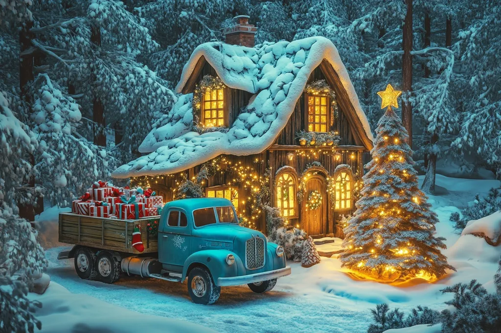 A charming, snow-covered cottage glows with warm Christmas lights in a wintery forest.  A vintage teal truck, laden with presents, is parked outside. A beautifully decorated Christmas tree stands beside the house, adding to the festive atmosphere. The scene is idyllic and evokes a sense of cozy holiday cheer.  Snow blankets the ground and trees, creating a magical winter wonderland.