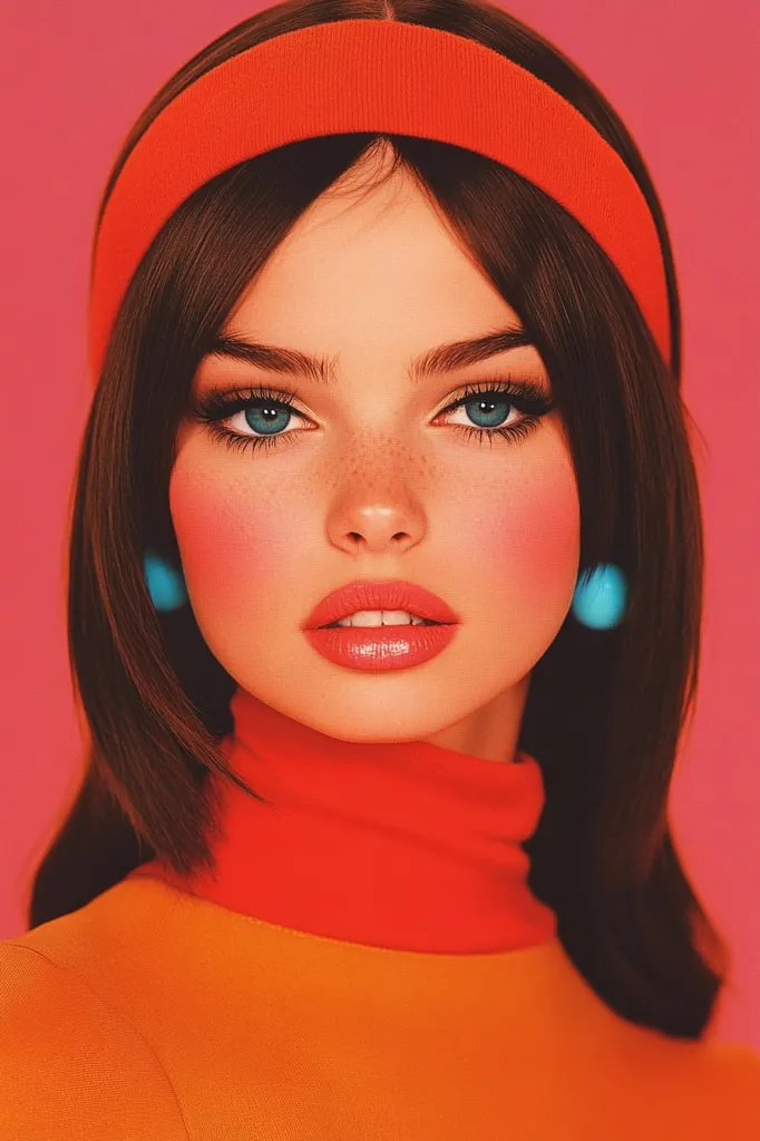 A digitally created image of a young woman with shoulder-length brown hair, wearing a red headband and a high-necked orange top.  Her makeup features bright, rosy cheeks and lips, and teal circular earrings.  She has striking blue eyes and light freckles. The overall style evokes a retro, possibly 60s or 70s, aesthetic with its bold color palette and simple lines. The background is a solid, bright pink.