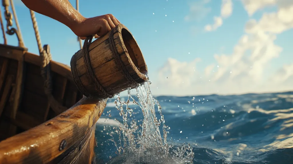 A hand pours water from a wooden bucket into the ocean from an old wooden boat.  The water splashes, creating a spray of droplets against the backdrop of a bright, sunny sky and blue waves. The scene evokes a feeling of seafaring adventure, perhaps from a historical or fictional context. The focus is on the act of pouring, emphasizing the movement of water and the texture of the aged wood.