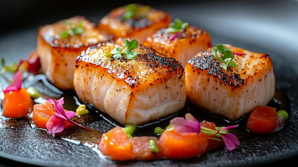 Here's a description of the image:

The photograph showcases four perfectly seared pieces of white fish, possibly cod or halibut, arranged artfully on a dark-colored plate.  Each cube of fish boasts a beautifully browned crust, contrasting with the pale, moist interior.  The fish is garnished with vibrant, small orange and pink vegetables, possibly diced carrots and edible flowers, alongside a dark, glossy sauce.  Tiny green herbs add a final touch of elegance to this sophisticated, close-up shot of a gourmet meal.  The overall impression is one of fine dining and culinary artistry.
