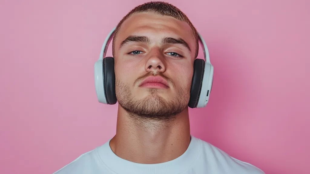 Here's a description of the image:

Close-up view of a young man with short, light brown hair, wearing over-ear headphones. The headphones are predominantly white with dark gray earcups. He has a serious expression, looking directly at the camera.  His beard is short and neatly trimmed. He's wearing a plain white crew-neck t-shirt. The background is a solid, bright pink. The overall impression is one of calm focus.
