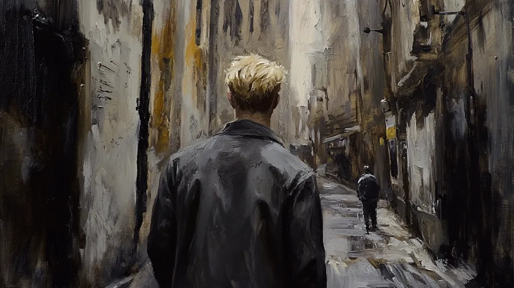 The painting depicts a lone figure with blond hair, seen from behind, walking down a narrow, dimly lit city alley.  The individual is dressed in a dark jacket, their back to the viewer, creating a sense of mystery and isolation. The alley is lined with aged, weathered buildings, rendered in muted tones of gray, brown, and black.  The overall mood is somber and contemplative, emphasizing the figure's solitude within the urban environment.  The style suggests impressionism or impasto, with visible brushstrokes adding texture and depth.