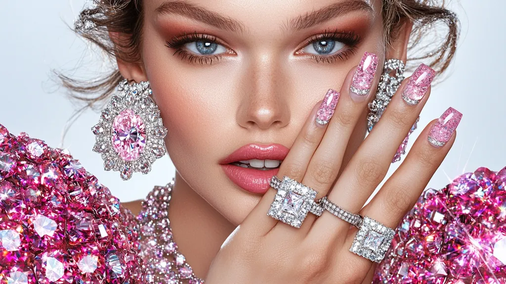 Close-up of a glamorous woman with flawless makeup and pink glitter nails.  She wears large pink gemstone earrings and several diamond rings, one a prominent princess-cut stone.  Her attire features a dazzling pink, crystal-encrusted fabric. The overall image is luxurious and emphasizes beauty and opulence.