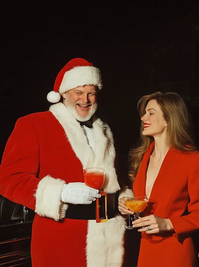 A jovial Santa Claus, dressed in a traditional red suit with white fur trim, holds a glass of a reddish-orange cocktail. He's laughing and looking at a stylish woman in a vibrant red dress who also holds a cocktail.  The woman, with long brown hair, smiles subtly. The background is dark, providing a stark contrast to their festive attire.  The scene is intimate and suggests a celebratory Christmas mood.
