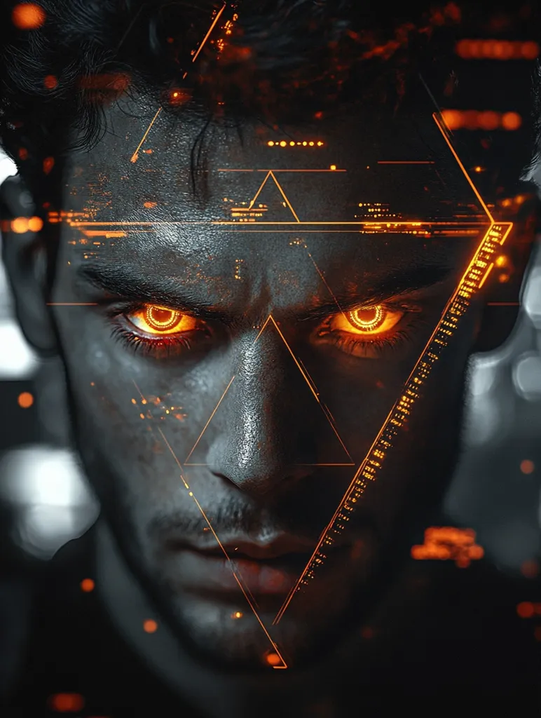 The image is a close-up portrait of a man's face, digitally enhanced with a futuristic overlay.  Burning orange lines and geometric shapes, resembling a digital interface or HUD, are superimposed over his features. His eyes glow with an intense orange light, adding to the otherworldly, almost cyborg-like, effect. The overall mood is dark, intense, and suggestive of advanced technology or a dystopian future.  His serious expression hints at power or hidden potential.