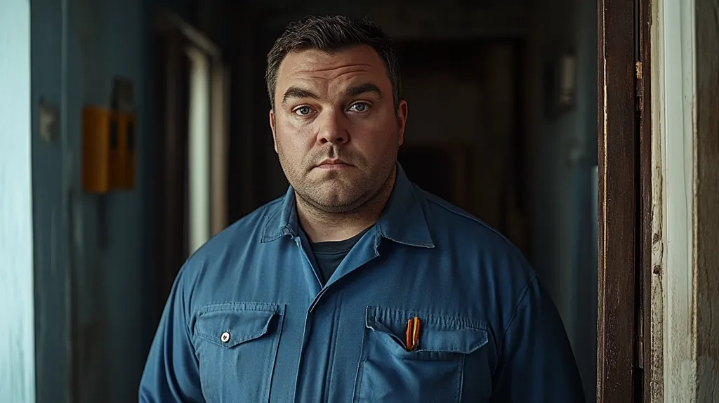 Here's a description of the image:

The photo is a medium close-up shot of a man standing in a dimly lit hallway. He appears to be middle-aged, with short brown hair and a serious expression. His build is stocky, and he's wearing a dark blue work shirt with a breast pocket, in which a small, orange tool is visible.  The background is blurred but shows a worn, possibly industrial corridor. The overall mood is somber and slightly melancholic. The man's gaze is directed straight at the camera, creating a direct and intense connection with the viewer.
