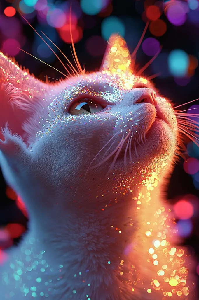 Here's a description of the image:

Close-up view of a white cat, seemingly digitally enhanced, adorned with iridescent glitter that shimmers with warm and cool colors. The cat's fur appears soft and fluffy, and its eyes are wide and expressive. The background is a bokeh effect of out-of-focus colorful lights, creating a magical, whimsical atmosphere.  The glitter accentuates the cat's features, making it appear almost otherworldly. The overall impression is one of fantasy and enchantment.