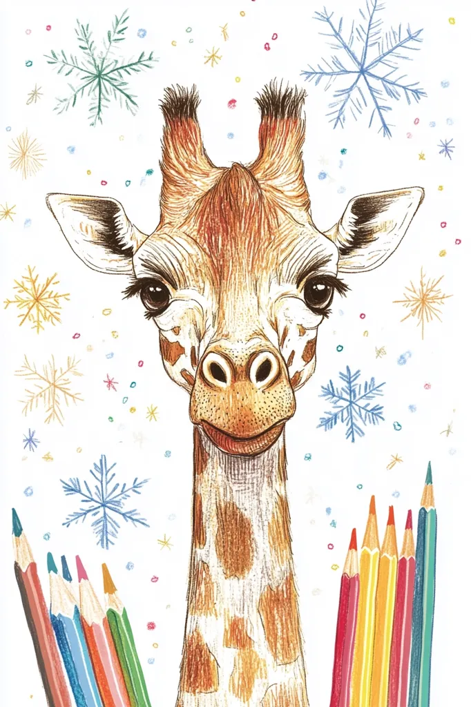 Here's a description of the image:

The illustration features a close-up of a giraffe's head and neck, rendered in detailed colored pencil shading. The giraffe has large, expressive eyes and a gentle expression. The background is a light white, speckled with small colorful dots and stylized snowflakes, giving a whimsical, wintery feel. On either side, sets of colored pencils are partially visible, suggesting the image might be from a coloring book or art-related material. The overall style is charming and child-friendly.