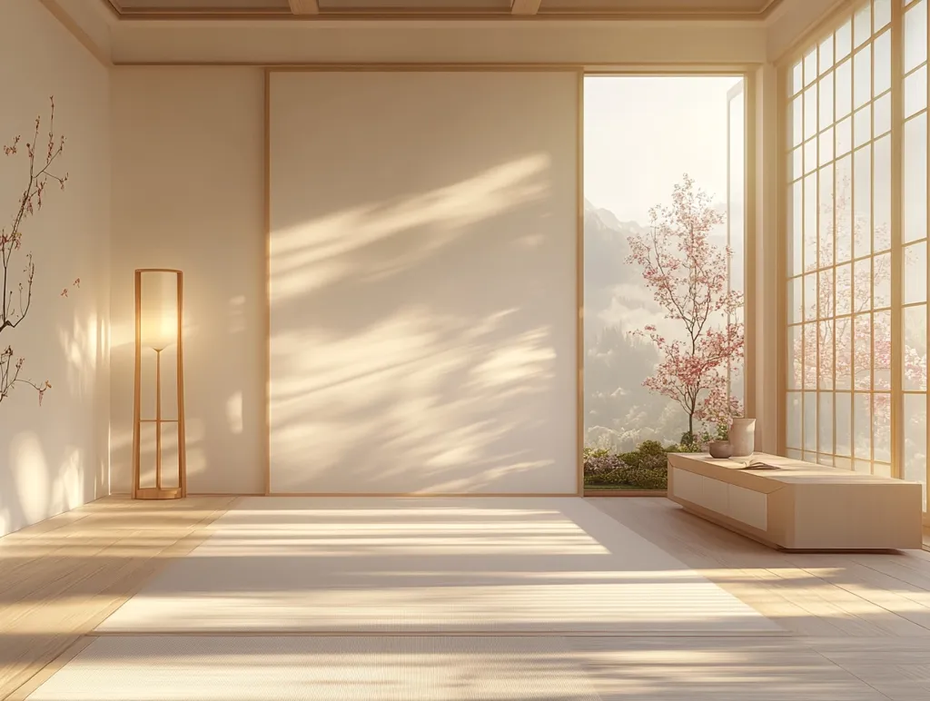 The image depicts a serene, minimalist Japanese-style room.  Warm sunlight streams through large shoji-style windows and a tall, open doorway, illuminating a light-colored wooden floor and a pale cream tatami mat.  A simple, elegant floor lamp stands near a pale wall featuring a delicate branch design.  A low, light-wood cabinet sits by the window, adding a touch of functionality to the peaceful ambiance.  A blossoming tree is visible through the window, completing the tranquil scene. The overall aesthetic is one of calm and understated elegance.
