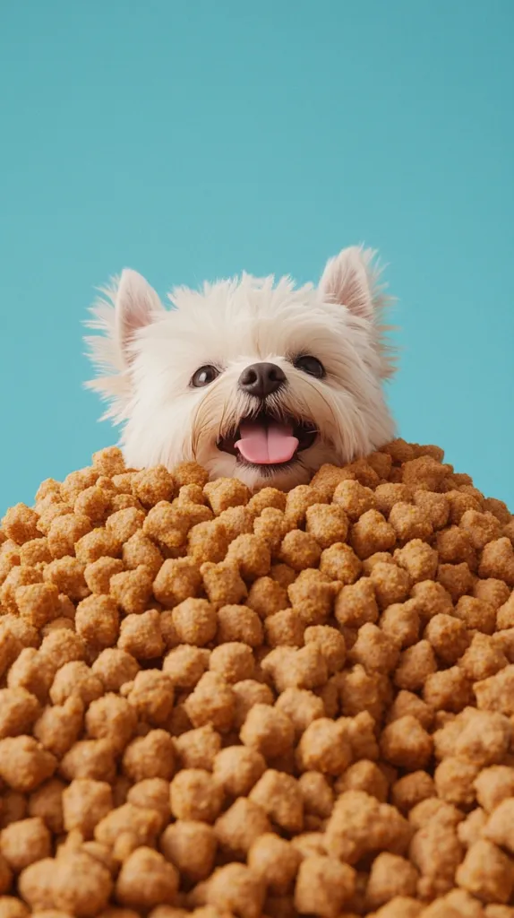Here's a description of the image:

A West Highland White Terrier, a fluffy white dog, peeks happily over a large mound of light brown dog kibble. Its tongue is playfully sticking out. The dog's head and shoulders are visible, emerging from the pile of food which completely surrounds it, except for the dog's face.  The background is a solid, bright turquoise blue. The overall image is cheerful and playful, highlighting the dog's love for its food.