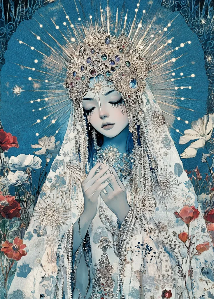 The artwork depicts a serene, ethereal woman adorned in an ornate, silvery-white gown and a magnificent jeweled crown. Her eyes are closed, and her hands are clasped in prayer, holding a small, star-like object. The background features a vibrant blue celestial scene with radiating light, interspersed with poppies and other delicate flowers. The overall aesthetic is dreamlike and suggestive of a celestial being or a religious icon, with a blend of fantasy and classical elements. The color palette is cool and calming, dominated by blues, whites, and silver.