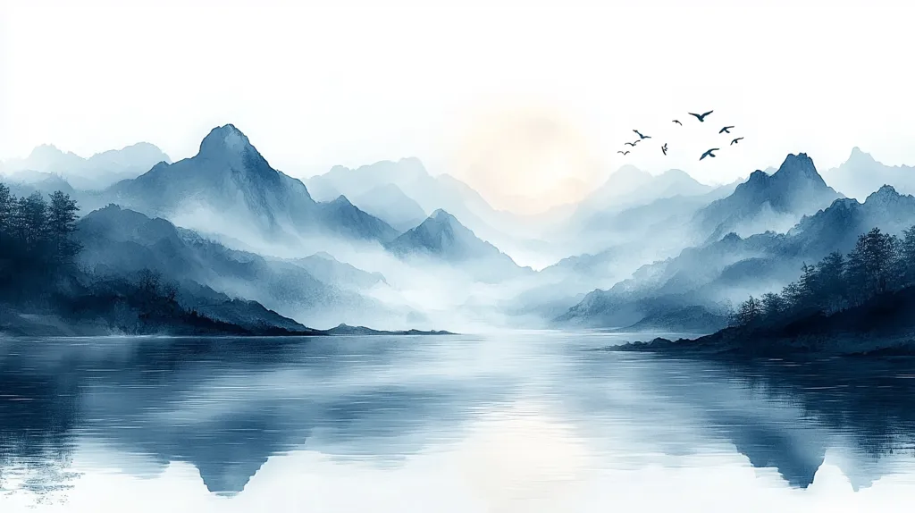 A serene watercolor painting depicts a tranquil lake nestled amidst a range of misty, blue-hued mountains.  The mountains are rendered in soft, layered strokes, suggesting depth and distance.  A few birds fly across the pale sky above.  The lake's surface mirrors the mountains, creating a sense of calm and reflection.  The overall palette is cool and calming, evoking a feeling of peace and tranquility. The style is reminiscent of traditional East Asian landscape painting.