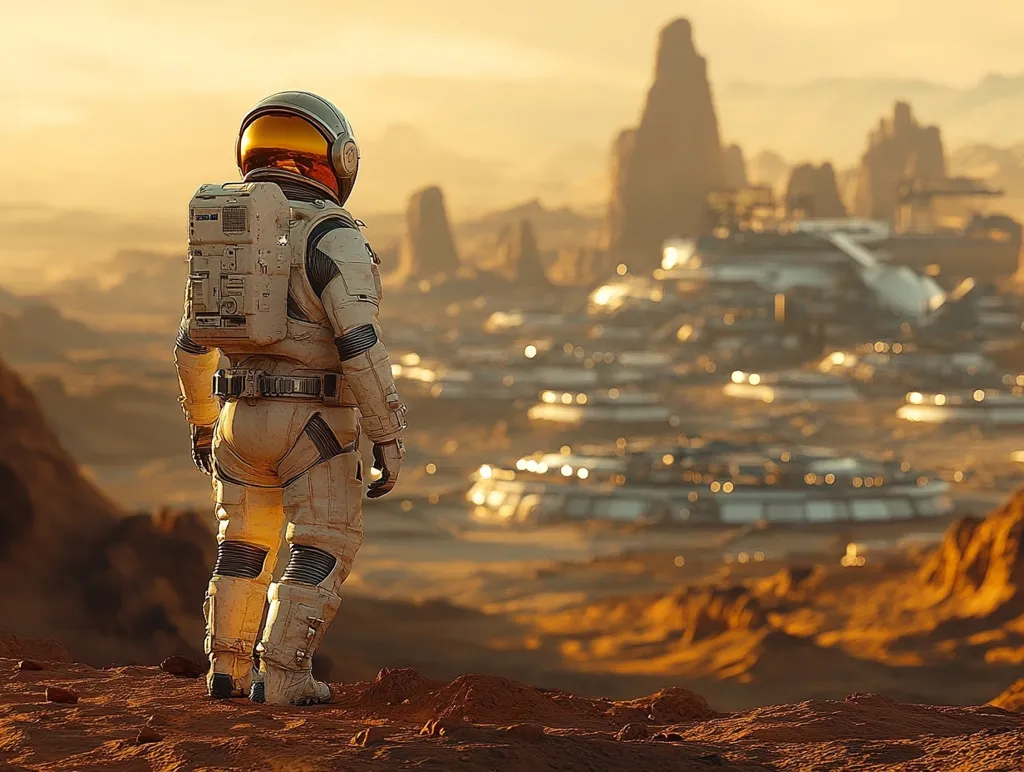 A lone astronaut in a beige spacesuit stands on a Martian landscape, gazing towards a sprawling futuristic city nestled among rust-colored rocks and canyons. The sun casts a warm, golden light, illuminating the scene. The astronaut's back is to the viewer, emphasizing their solitary exploration of the alien world.  The city in the background appears large and advanced, hinting at a successful colonization effort. The overall mood is one of awe and contemplation in a breathtaking, otherworldly environment.